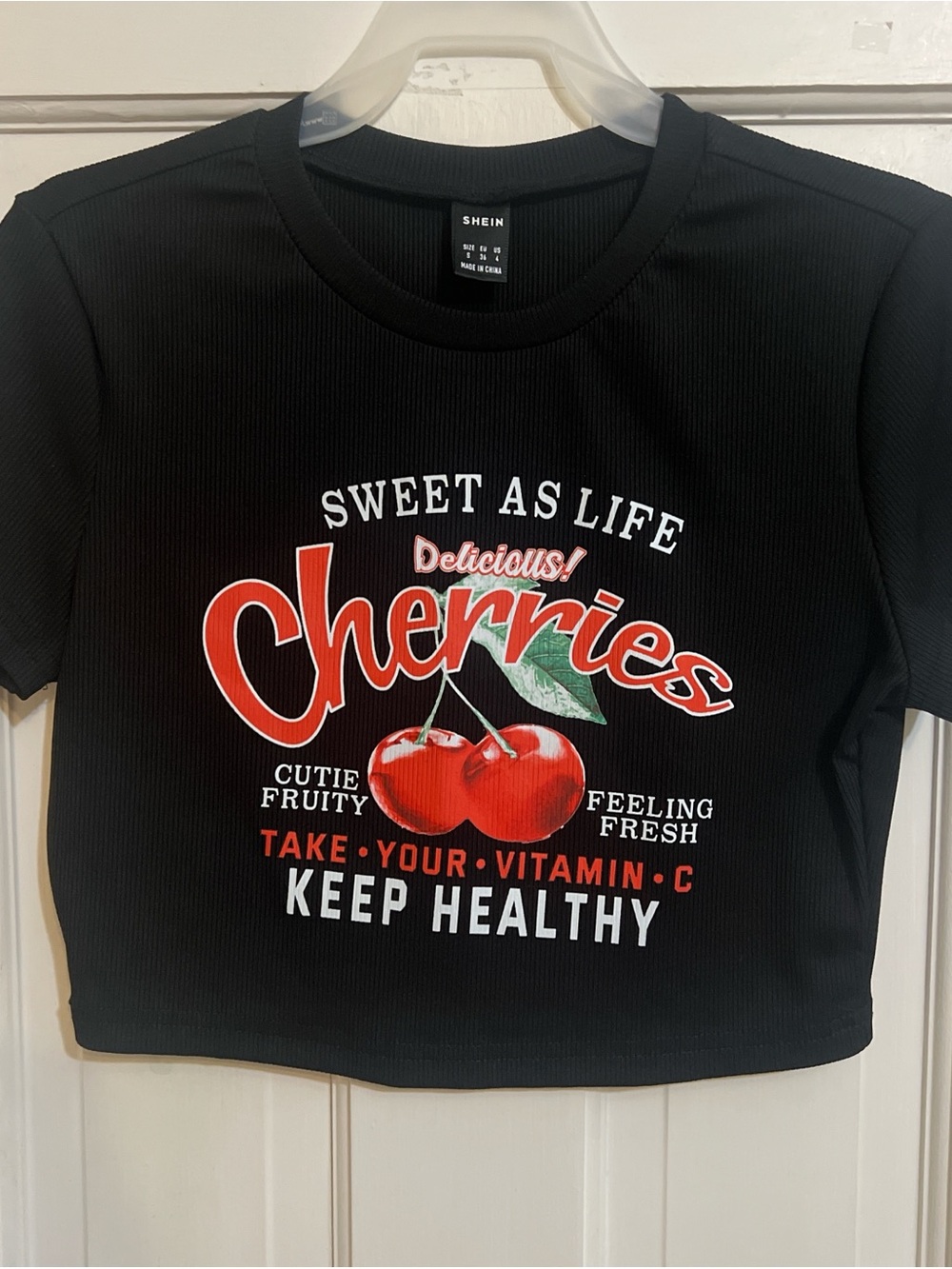 SHEIN Black Crop Tee with Red Cherries Graphic
